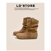 牛皮版 内增高复古短靴女2025秋冬西部马丁靴圆头短筒勃肯堆堆靴