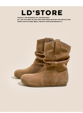 牛皮版~内增高复古短靴女2025秋冬西部马丁靴圆头短筒勃肯堆堆靴