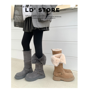 高筒靴子 两穿中筒加绒东北棉鞋 厚底灰色长筒雪地靴女2025冬季 新款