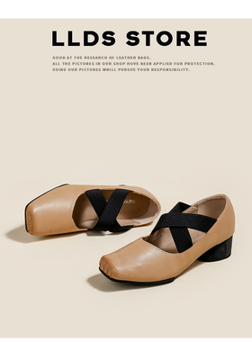 六点大叔 真皮 方头芭蕾舞鞋女春复古猪鼻子绑带外穿粗跟玛丽珍鞋