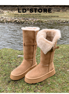 内增高厚底棕色长筒雪地靴女2025冬新款两穿加绒加厚中筒东北棉鞋