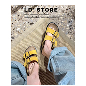 限时78 真皮厚底黄色勃肯凉拖鞋 女夏季 踩屎感 外穿博肯半拖鞋