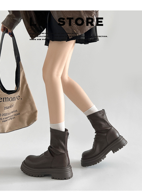 真皮~厚底增高美拉德褶皱弹力靴女2025秋粗跟堆堆马丁靴瘦瘦短靴