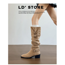 真皮~内增高复古粗跟长筒靴女秋冬显瘦骑士靴西部牛仔褶皱堆堆靴