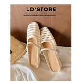 羊皮版 外穿草编度假风沙滩凉鞋 内增高穆勒编织包头半拖鞋 女夏季