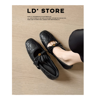 真皮~内增高山茶花玛丽珍鞋女2026春季新款平底蝴蝶结菱格纹单鞋