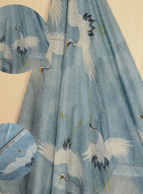 数码印花30D雪纺布料墨蓝色底古典仙鹤图古风汉服披时装化纤裁剪