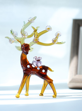 淄博琉璃手工艺品招财梅花鹿桌面摆件一路有钱家居办公书桌装饰品