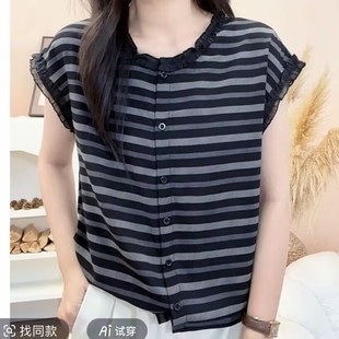 潮 夏季 花边领薄款 短袖 条纹显瘦T恤中年女士上衣宽松遮肉百搭开衫