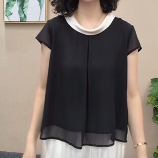 女士夏季轻薄双层短袖雪纺衬衫时尚洋气上衣宽松大码遮肉气质小衫