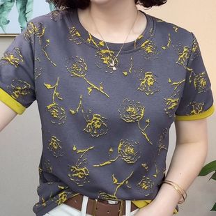 设计感减龄上衣棉 中年女时尚 洋气撞色圆领T恤显瘦百搭夏季 短袖 衫
