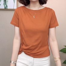 正版纯色短袖T恤女宽松2025夏季新款一字领洋气上衣遮肉减龄年轻