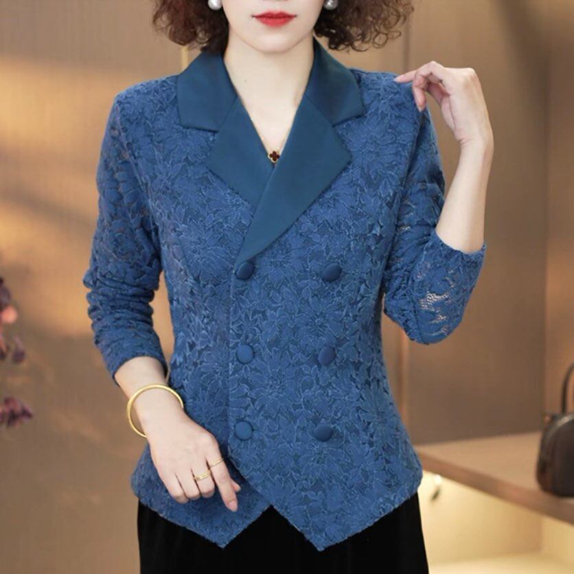 2026春季新款西装领蕾丝开衫中年妈妈装收腰显瘦气质长袖上衣C女