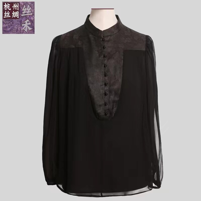 香云纱桑波缎真丝桑蚕丝上衣透明袖衬衫女士时尚长袖气质黑色衬衣