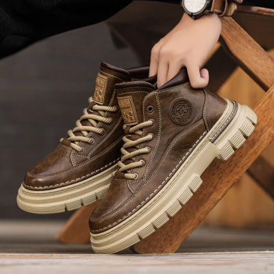 中帮马丁靴男款春季高级感痞帅复古工装高帮皮鞋厚底增高春秋男鞋
