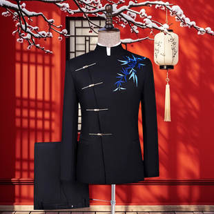 新款中式刺绣修身中山装演出服男学生年会主持人套装高级感国风