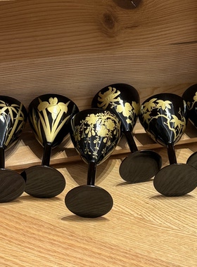 日本轮岛金莳绘金箔工艺兰梅樱花菖蒲菊竹花卉实木小杯 孤品珍藏