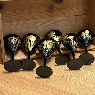 日本轮岛金莳绘金箔工艺兰梅樱花菖蒲菊竹花卉实木小杯 孤品珍藏