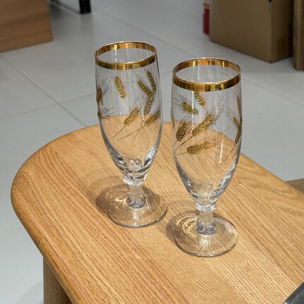 日本复古立体浮雕金水烤花高脚啤酒杯果汁长饮杯2个 约300ml 全新