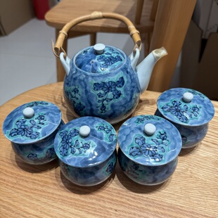 日本源右卫门青花染付手绘一壶四盖杯 无盒散瓷 壶有使用痕迹