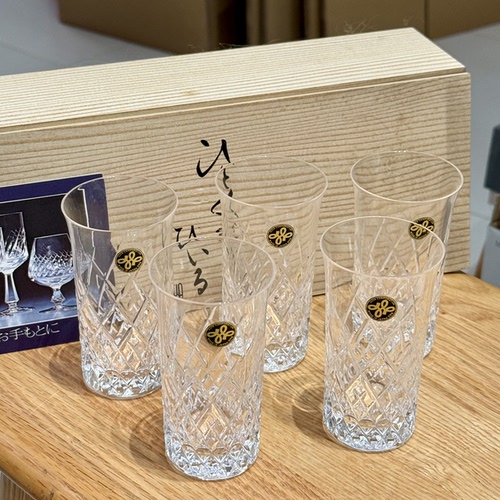 日本Hoya豪雅中古水晶小酒杯切子杯清酒杯5只装 80ml 全新原盒