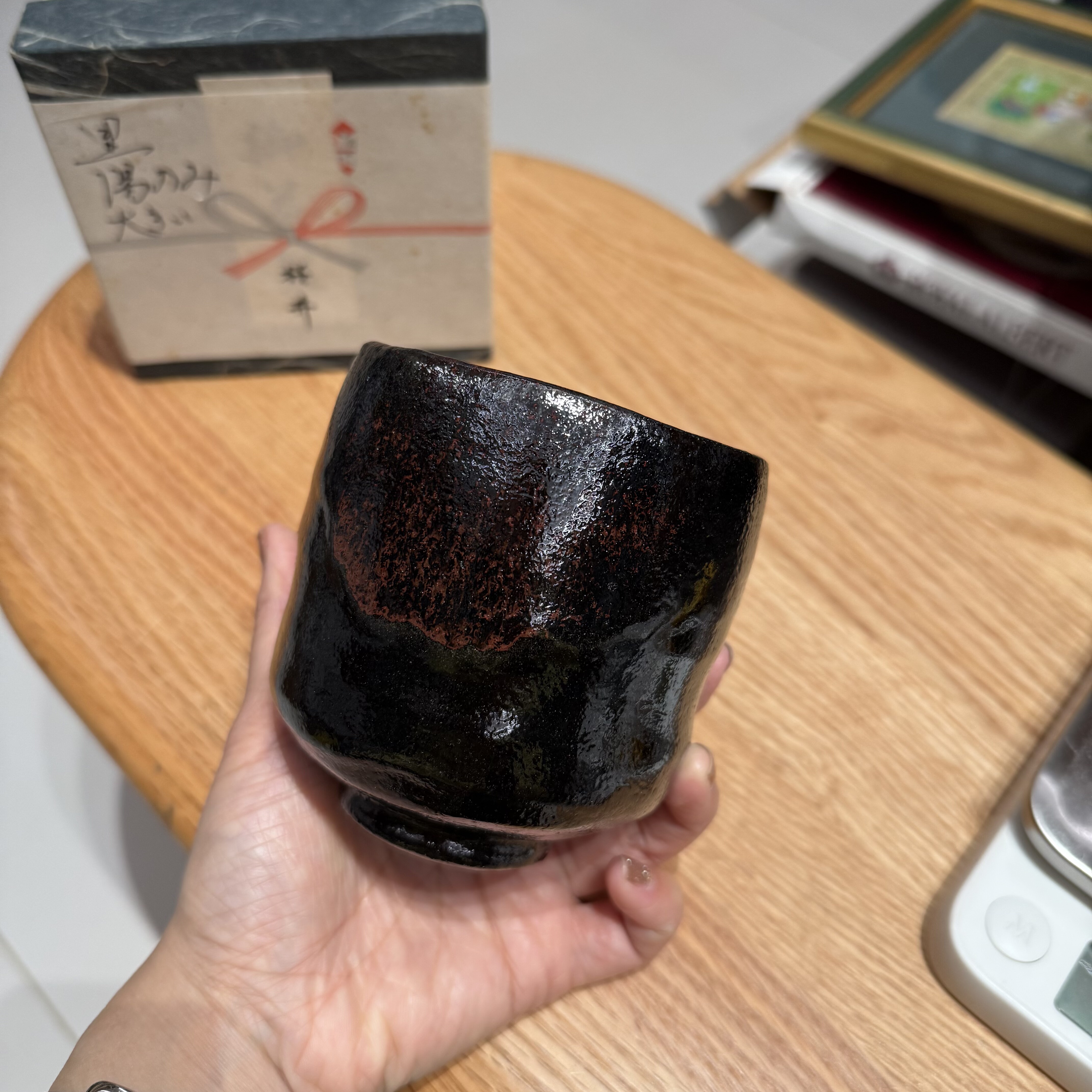 日本中古黑乐烧釉里红抹茶碗茶杯茶道具9*10cm 全新 约350ml
