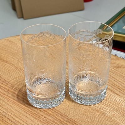 日本Hoya豪雅中古蚀刻花纹水晶杯啤酒杯水杯果汁杯 一对 无盒全新