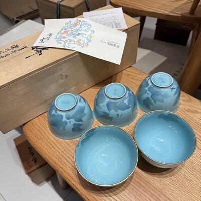日本深川制中古稀有色蓝绿牡丹花主人杯 5只装 原盒全新孤品 正品