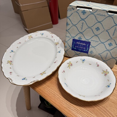 日本Noritake则武浮雕花卉餐盘鱼盘长盘早餐碗 全新