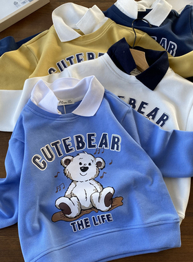 110-160中大童 男童卡通套头POLO领卫衣春秋翻领白色灰色黄色新品