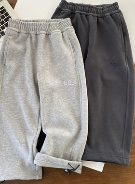 一条过冬贴身舒适~宽松加绒运动裤 男童纯色松紧腰带一体绒镰刀裤