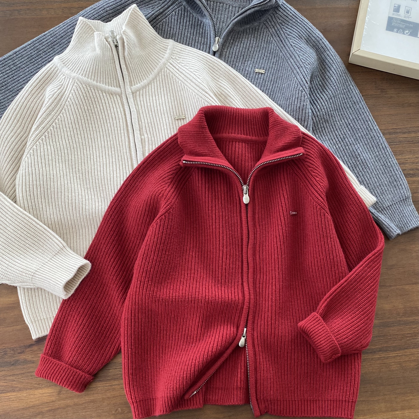 羊驼绒混纺针织外套/儿童男翻领拉链开衫毛衣