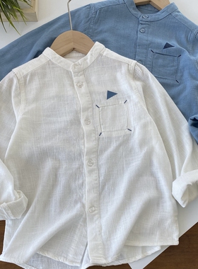 细腻滑软/lemon pouch/男童立领长袖纯色亚麻衬衫