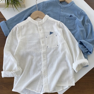 细腻滑软/lemon pouch/男童立领长袖纯色亚麻衬衫