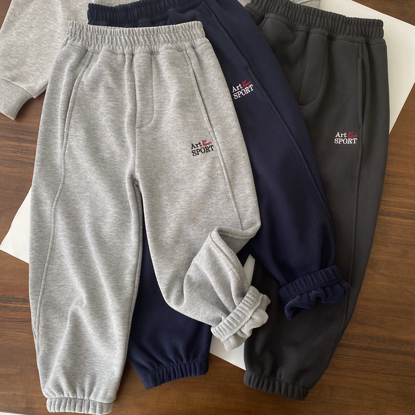 保暖不臃肿/侧拼小弯刀加绒裤 儿童男针织厚运动裤 收口防风