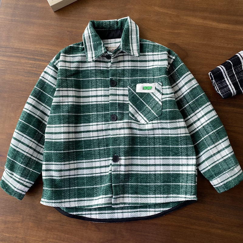 好看的绿色系~男童长袖格子衬衫