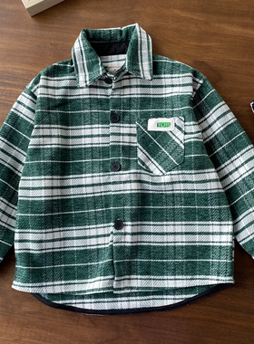 好看的绿色系~男童长袖格子衬衫 110-170中大童 男童衬衣2023新品