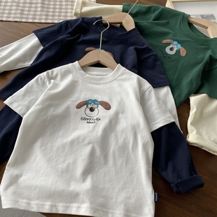 T恤 圆领打底衫 男童春季 假两件长袖 撸猫棉 2024新品 特别软糯