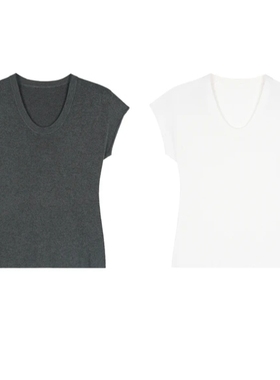 夏季修身型短袖ROW风老钱U领T恤设计感天丝羊毛风小香风T恤HB358