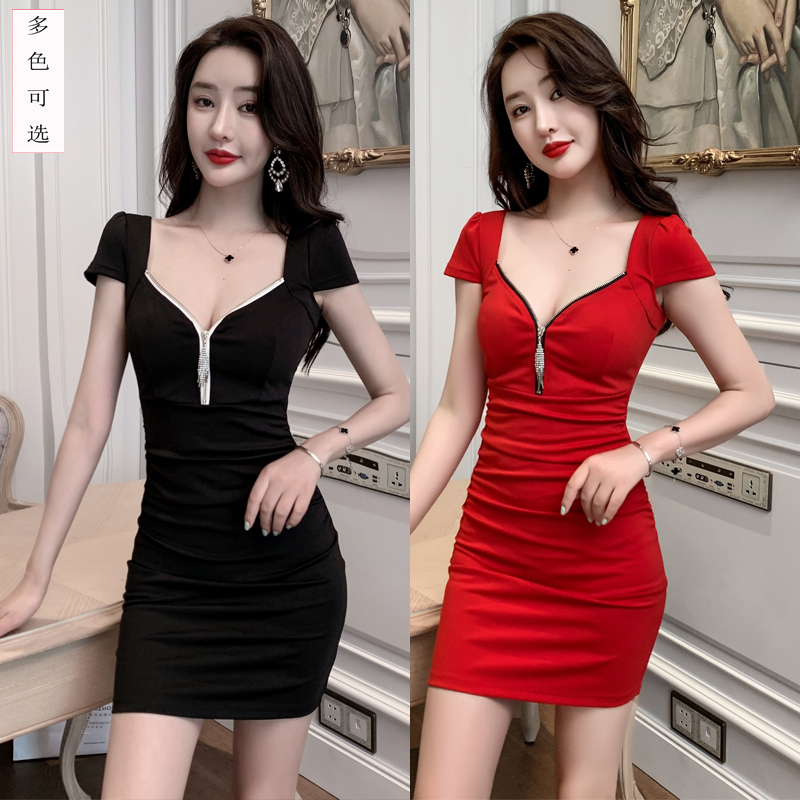 夜店性感低胸连衣裙桑拿技师服显瘦拉链工作服夜场上班衣服裙子
