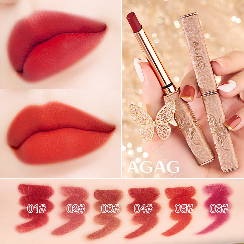 AGAG蝶飞若舞小细根口红丝绒哑光轻薄显色滋润细管口红