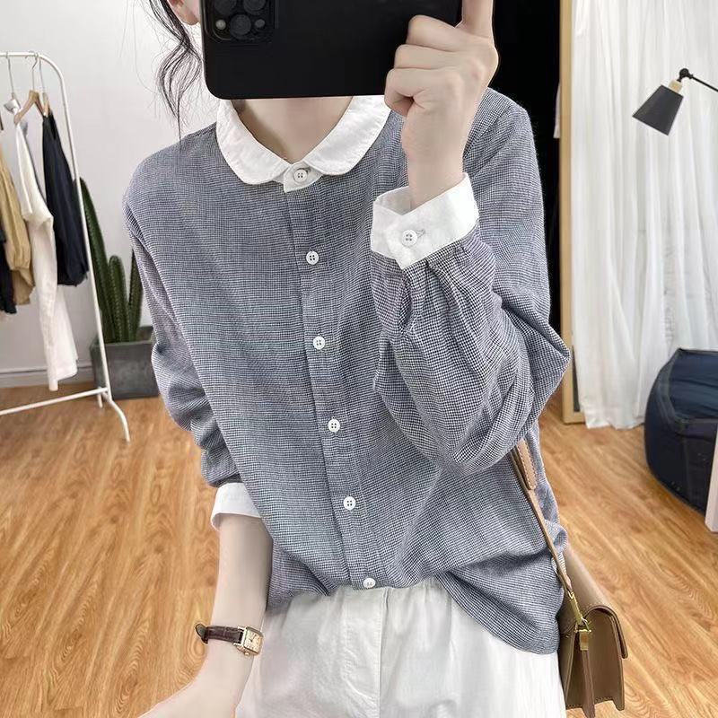 小格子长袖衬衫女2025春秋新款宽松拼色减龄上衣复古显瘦衬衣潮
