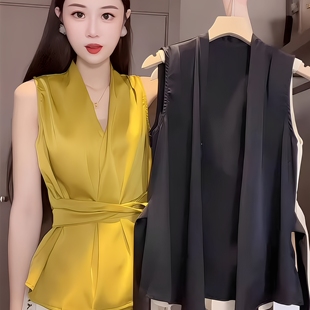 新款 高级感收腰修身 2025夏季 时尚 女上衣 显瘦气质V领绑带无袖 衬衫
