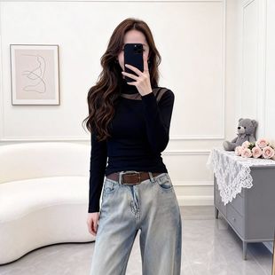 大码胖mm不规则网纱拼接半高领加绒长袖T恤女秋冬修身显瘦上衣潮