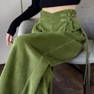 新中式国风橄榄绿色灯芯绒流苏盘扣阔腿裤冬季宽松慵懒风保暖裤子
