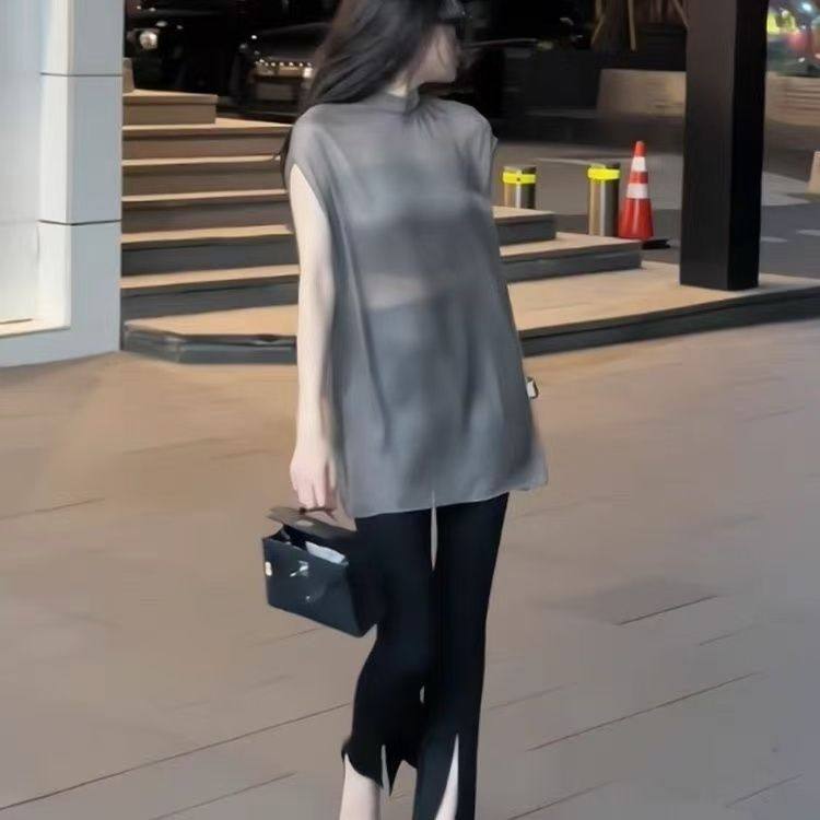 法式别致绝美高级感无袖上衣女2025夏季新款雪纺独特时髦气质T恤