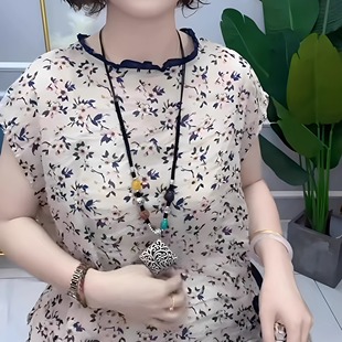 女中年妈妈装 圆领苎麻碎花短袖 打底衫 洋气减龄薄小衫 新款 夏季 时尚