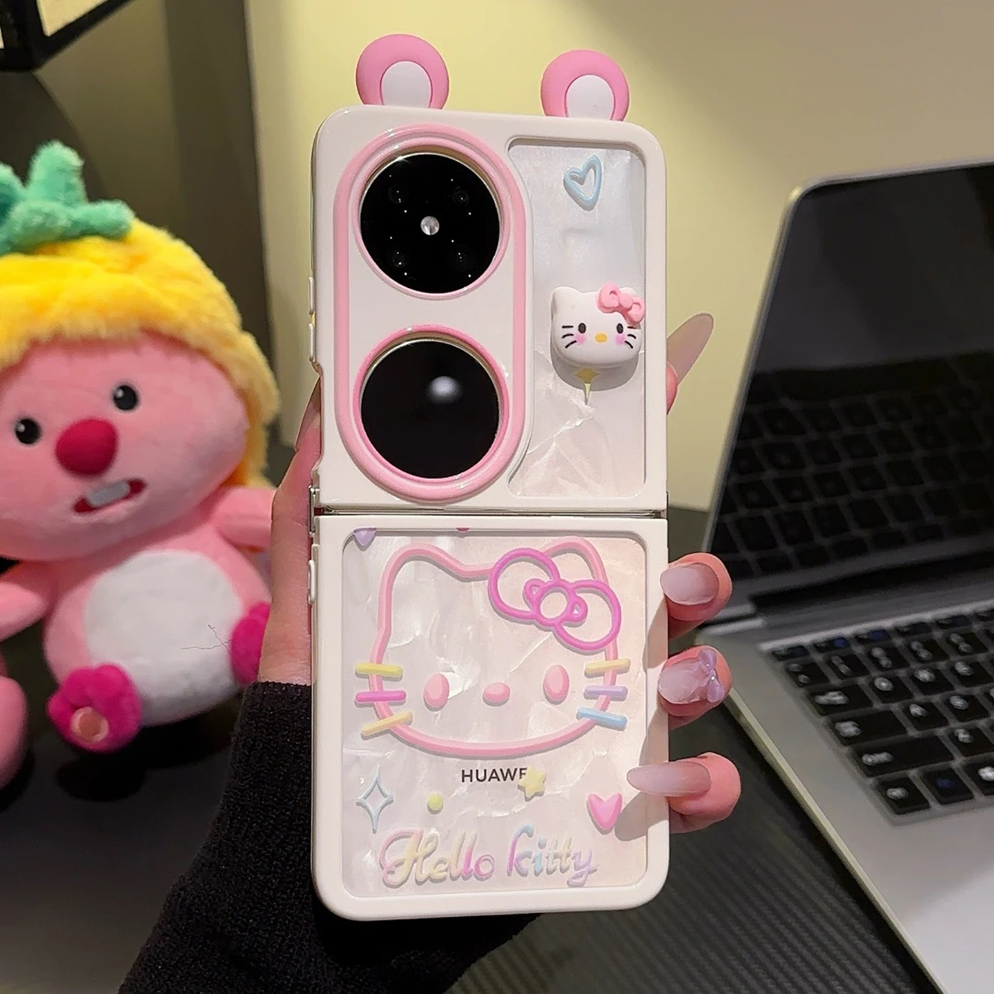 爱心凯蒂猫支架折叠壳适用华为pocket2手机壳pocketS保护壳新款简约可爱高级感硅胶防摔OPPOFINDN3FLIP外壳女