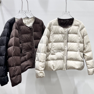 2025秋冬新款女方糖波浪门襟撞色圆领茧型短款小个子白鸭绒羽绒服