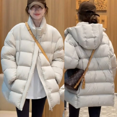 新国标90白鸭绒高端欧货女中长款泡芙龟背连帽羽绒服宽松厚面包服
